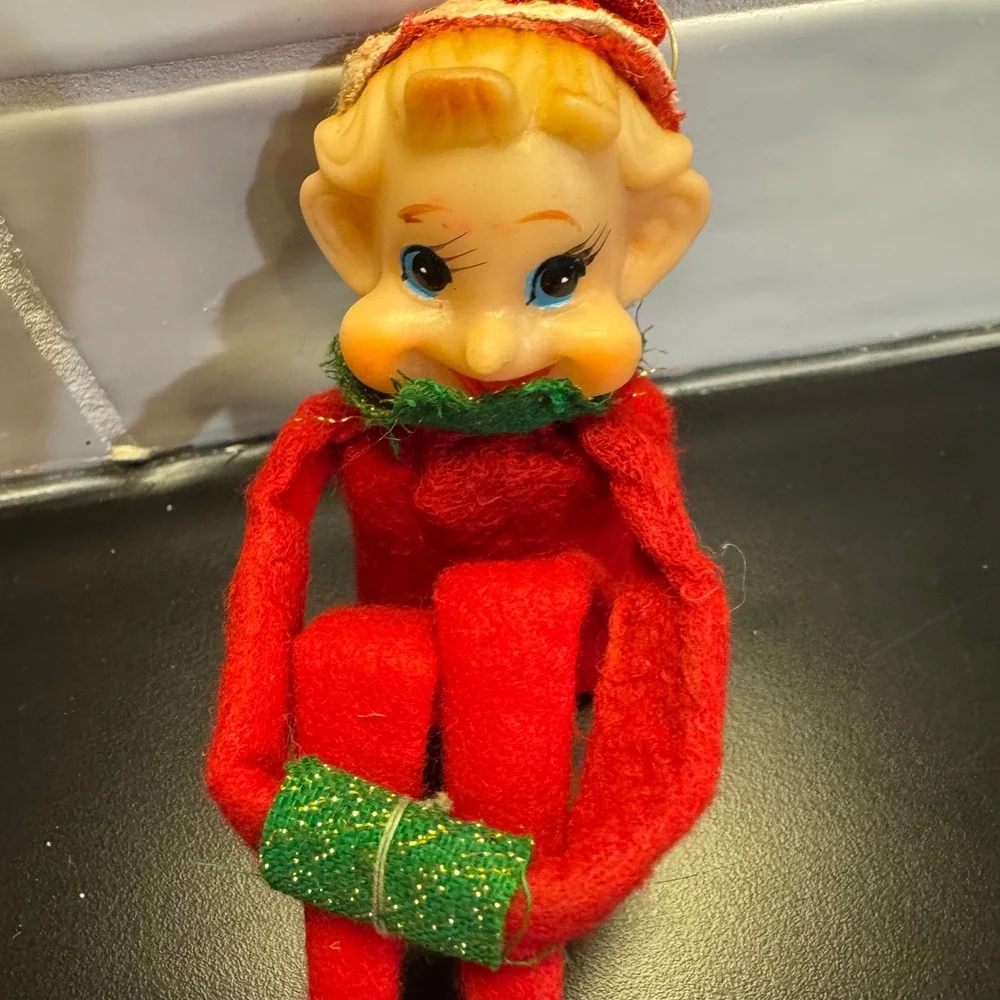 Vintage Knee Hugger Elf Christmas Decor Red 8 Inch Mid Century Pixie Toy